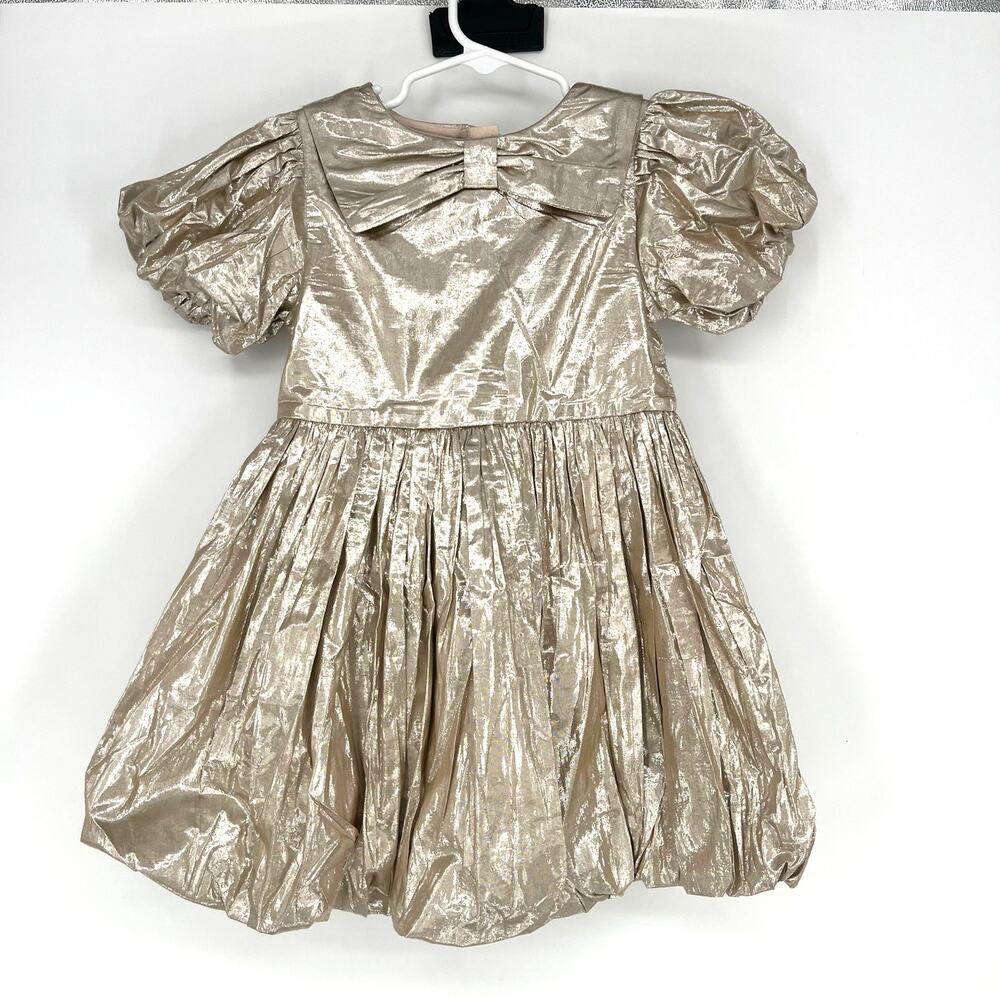 Boden Gold Metallic Party Dress Bow Collar Puff Sleeve Girls 3-4Y
